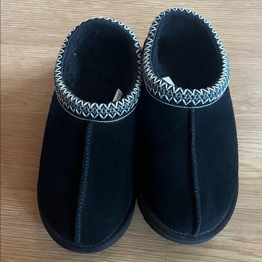 Ugg Tasman Black Suede Slippers with White Trim